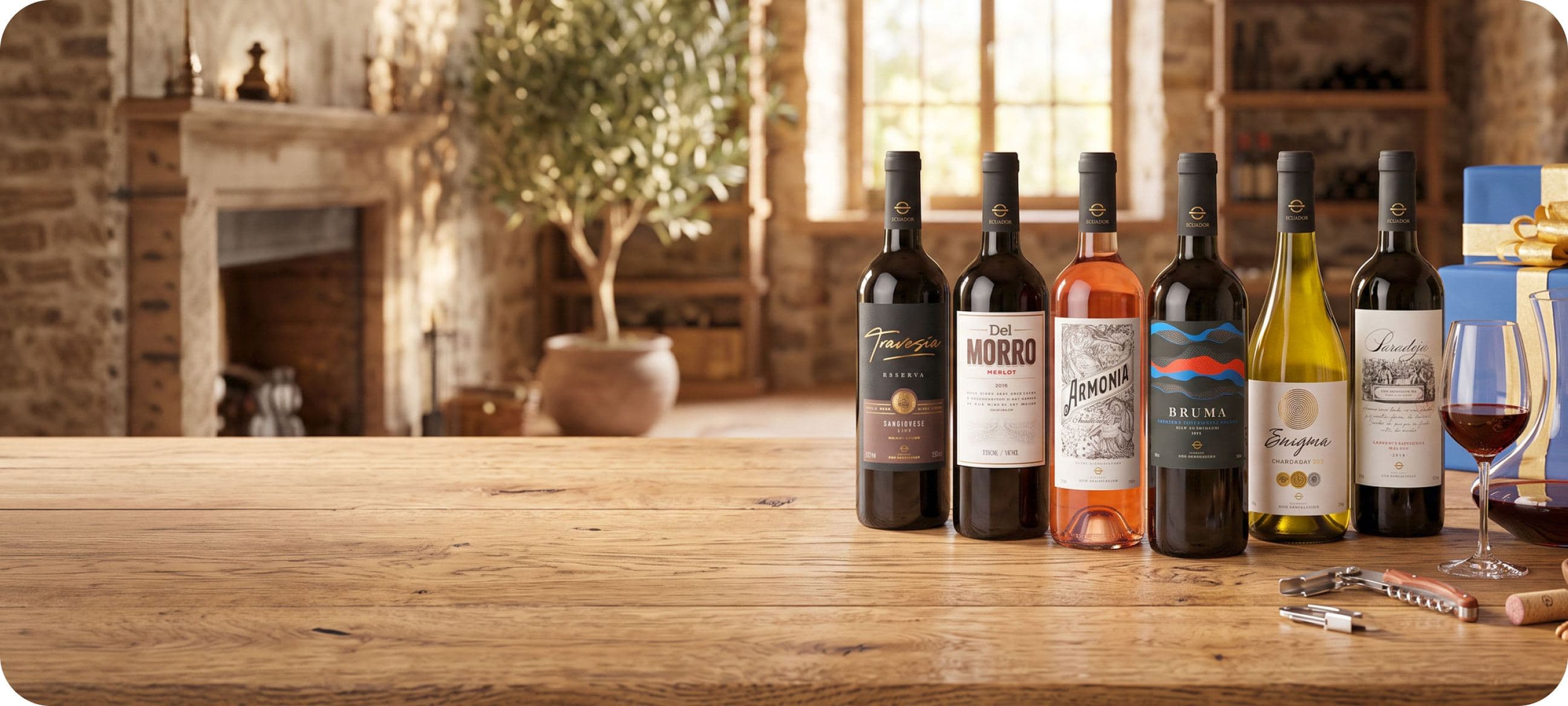 Bodegón de Vinos Dos Hemisferios sobre una mesa de madera