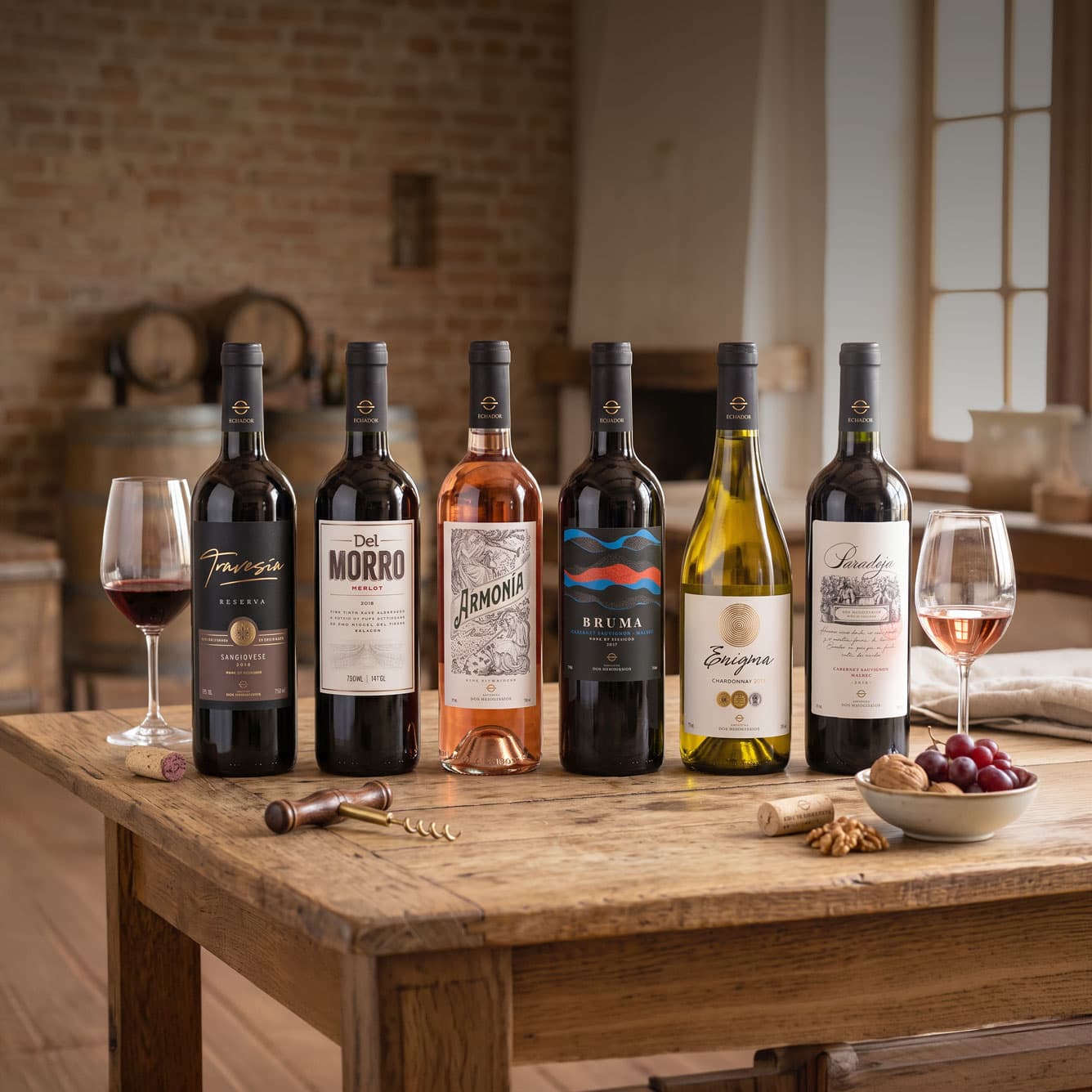 Botellas de Vinos Dos Hemisferios sobre una mesa de madera