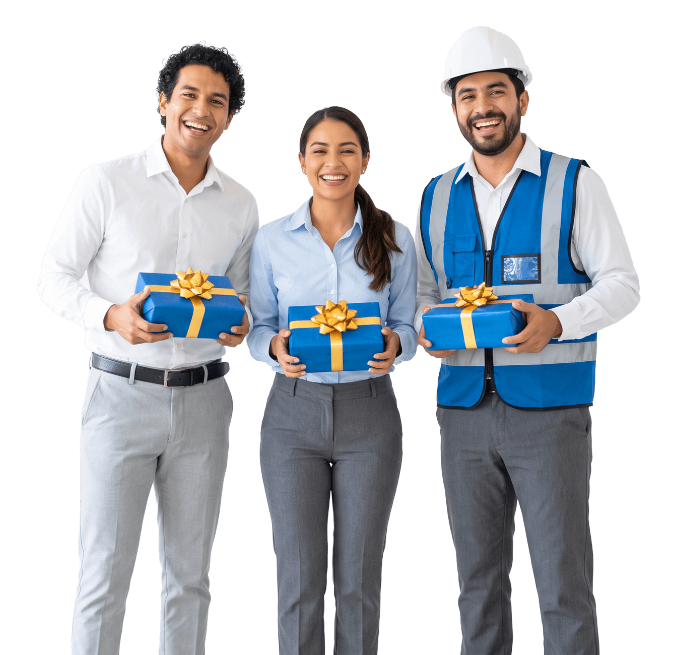 Colaboradores sonriendo con regalos corporativos