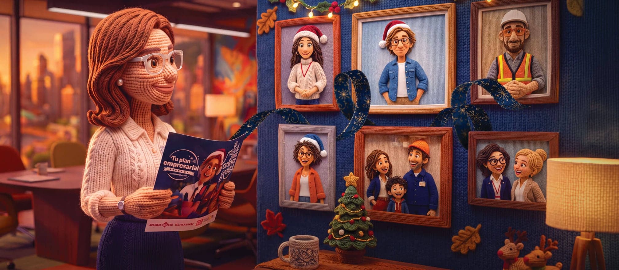 Colaboradora leyendo el catálogo de Tu Plan Empresarial junto a retratos navideños de su equipo